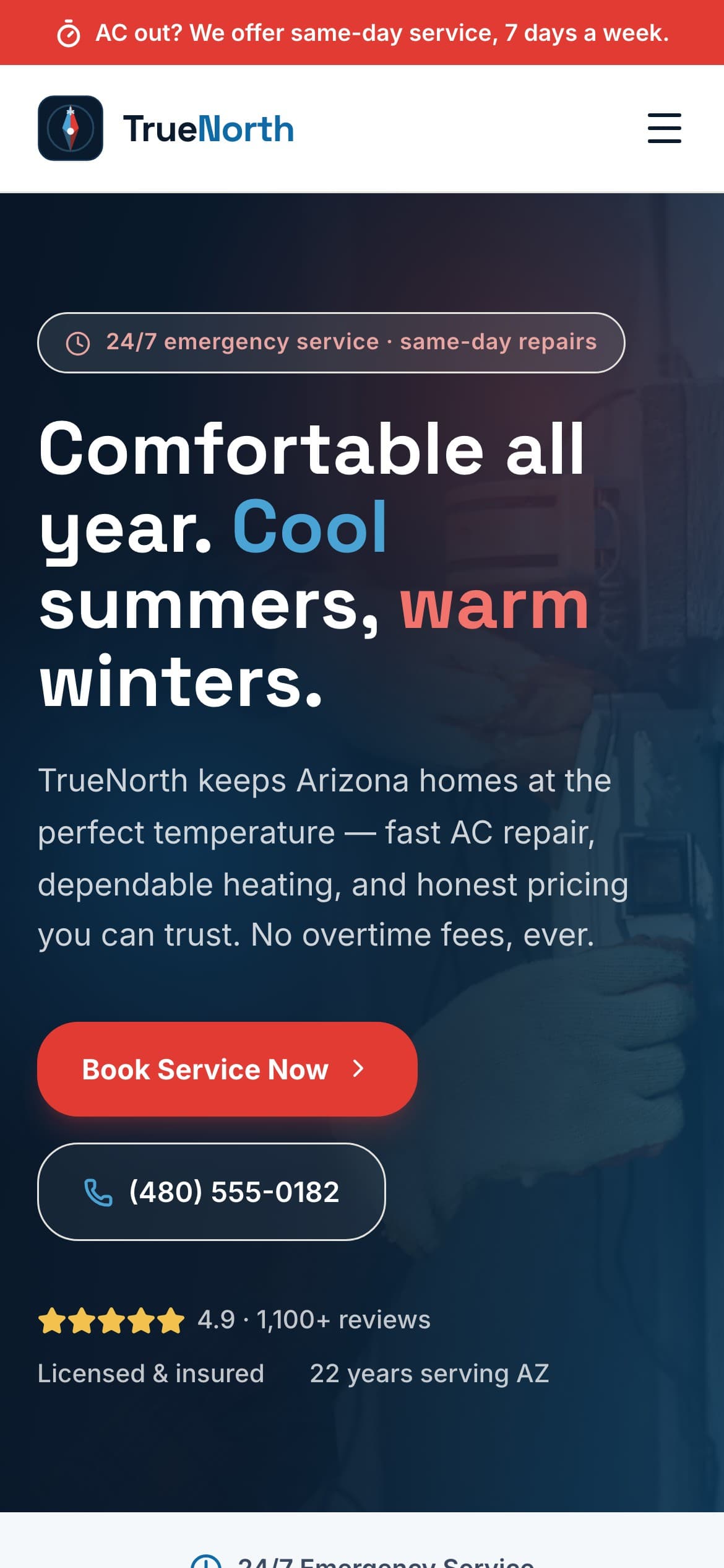 TrueNorth Heating & Air website, mobile view