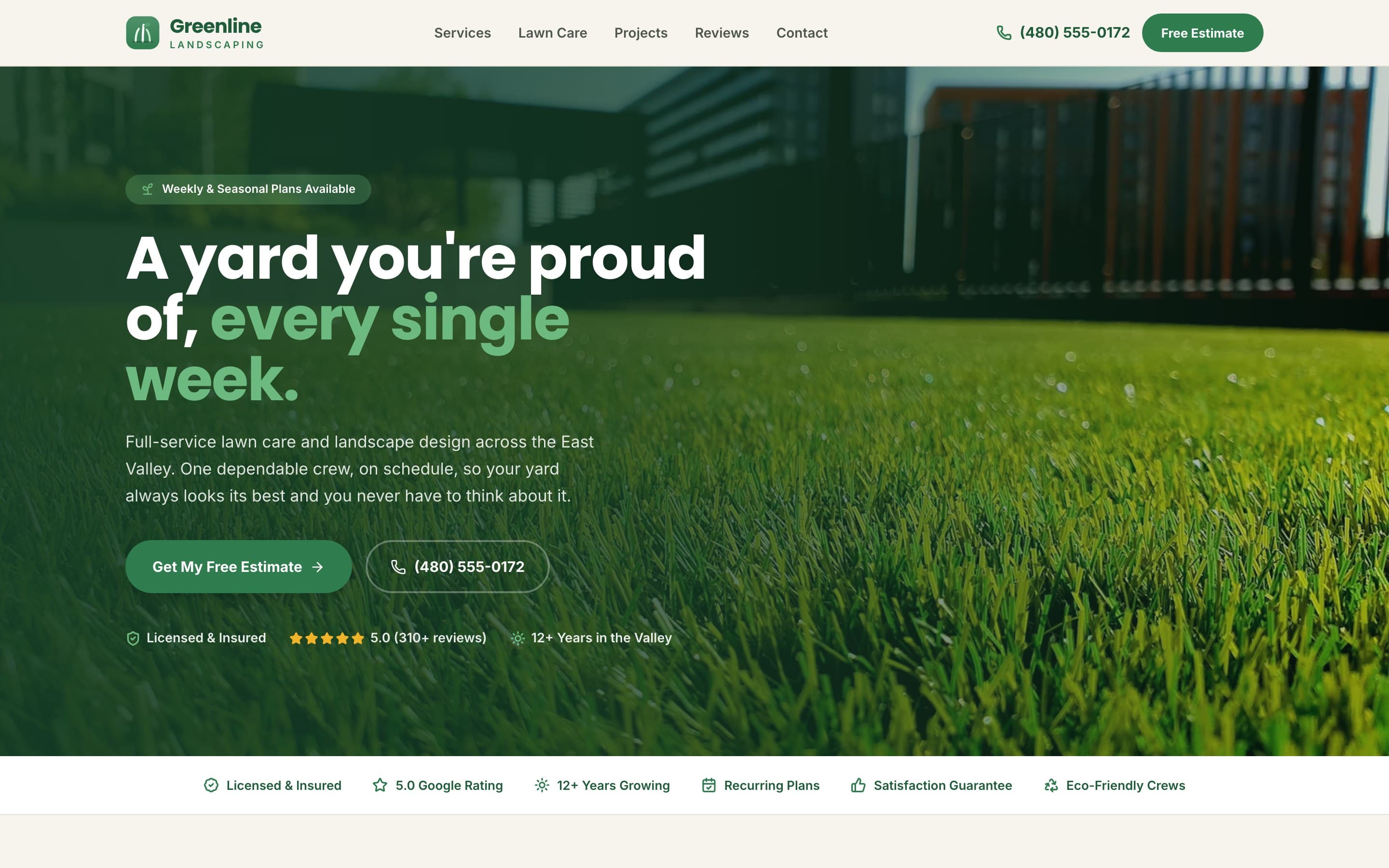 Greenline Landscaping website homepage, desktop view, built by BuiltSystems