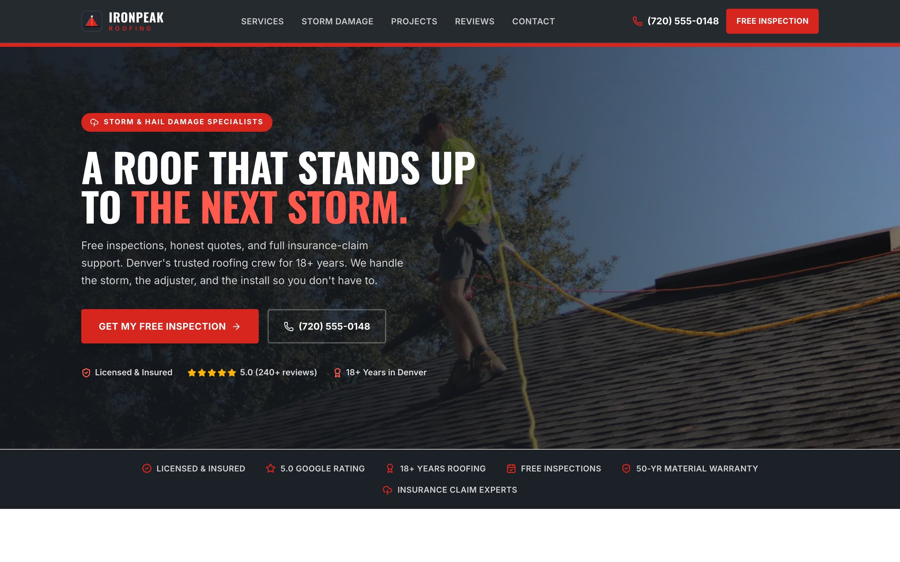 Ironpeak Roofing website homepage, desktop view, built by BuiltSystems