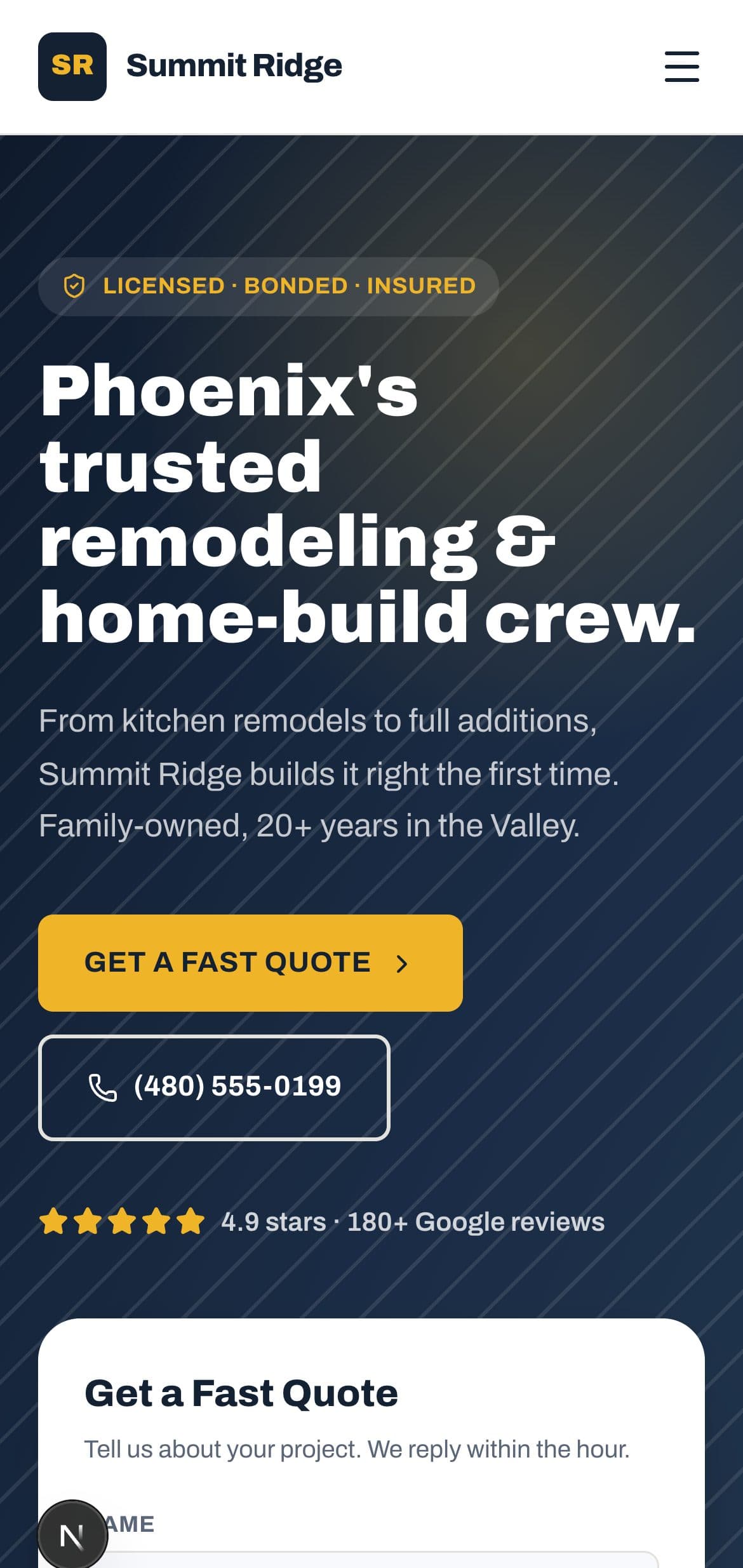 The same contractor site on a phone, built mobile-first with a tap-to-call button